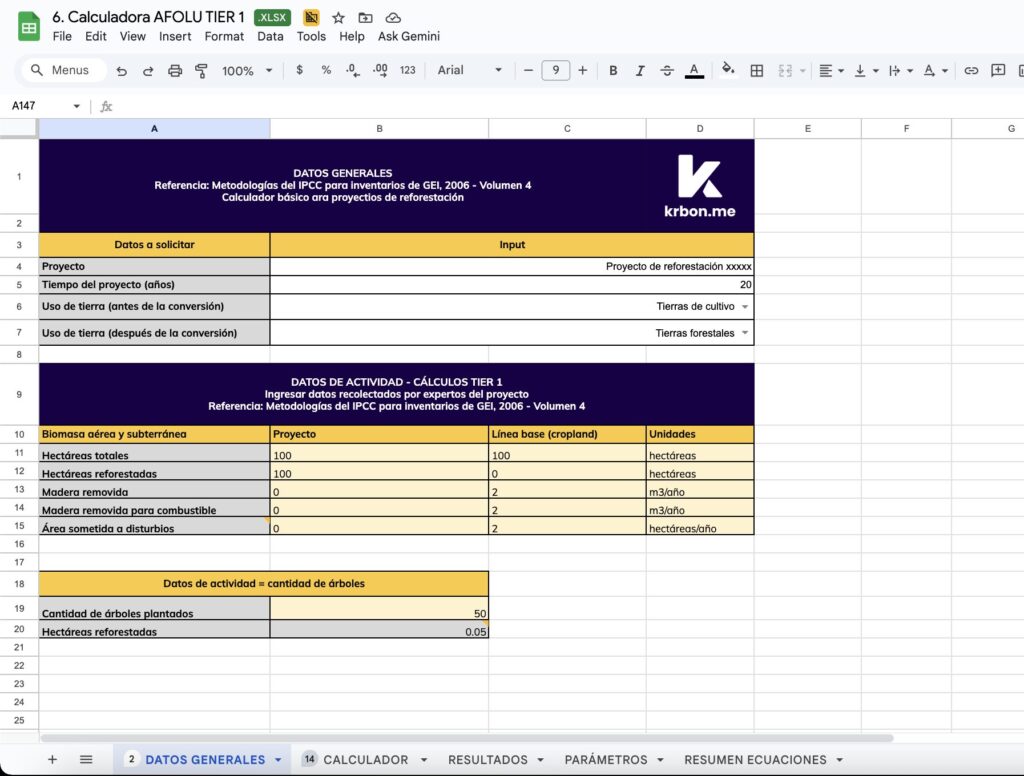 calculador captura de carbono afolu ipcc volumen 4 tier 1 en Excel