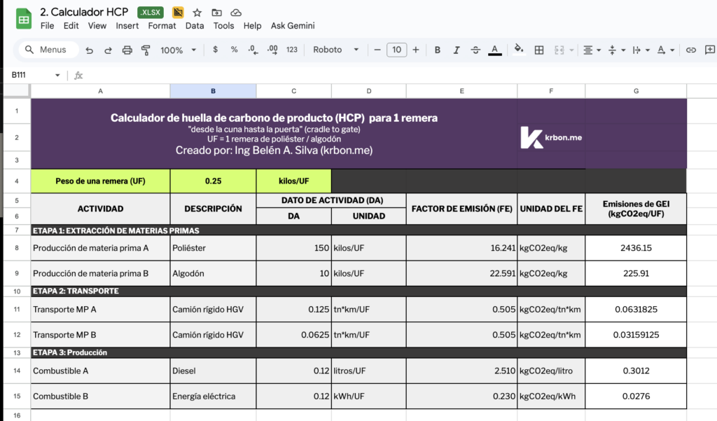 calculador de huella de carbono de producto en Excel